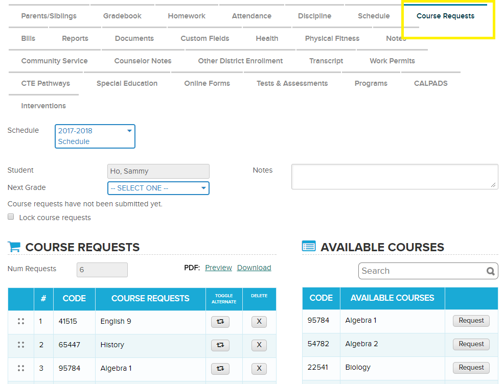 Accessing the Course Request Screen